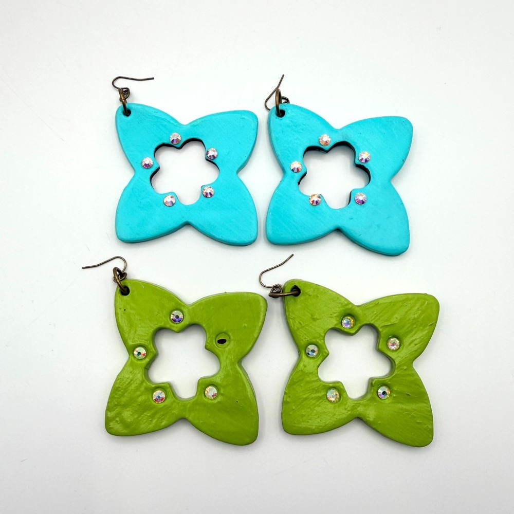 Vintage Bronze Polymer Clay Drop Earrings Lot 2 Pairs Teal Green 90s
